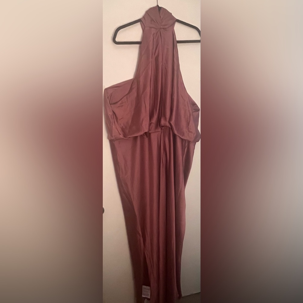 ASOS EDITION Curve satin
ruched halter neck maxi dress in Mauve